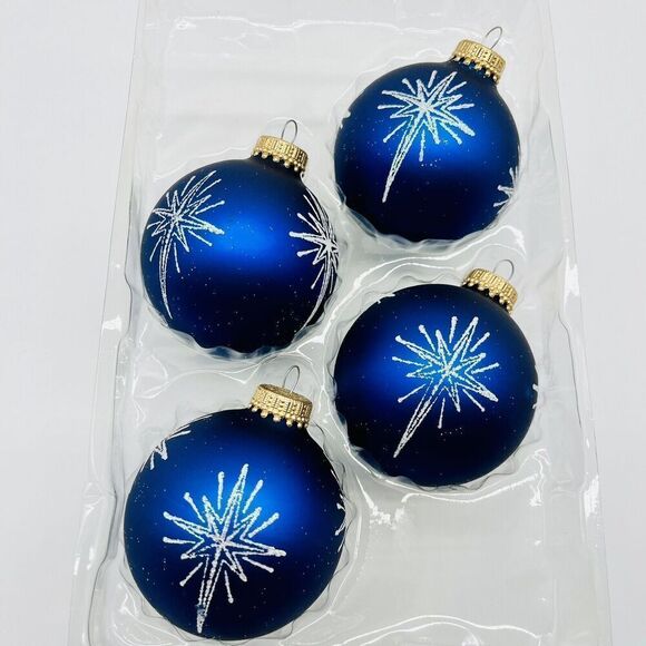 VTG Christmas by Krebs Blue Star Snowflake Glitter Mercury Glass Ornaments 4pc - Picture 6 of 6